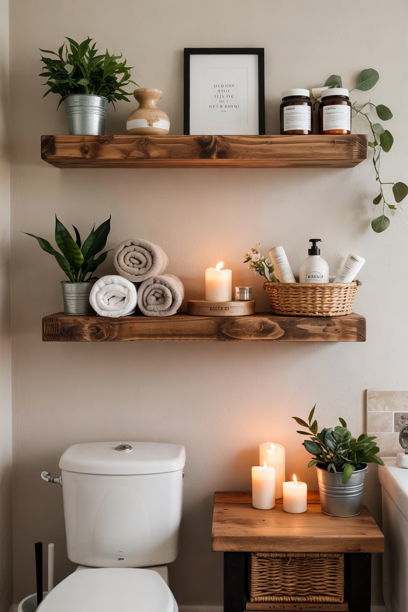 Spa Bathroom Shelving Ideas: Luxury Rustic Decor on Floating Wood Shelves